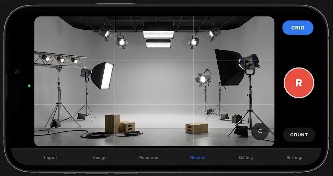 OffBook Studio record screen — landscape camera and mic setup for self-tapes