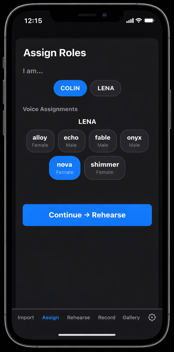 OffBook Studio assign screen — choosing your character and setting voices