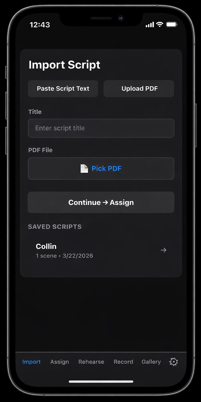 OffBook Studio import screen — PDF upload and Quick Lines options